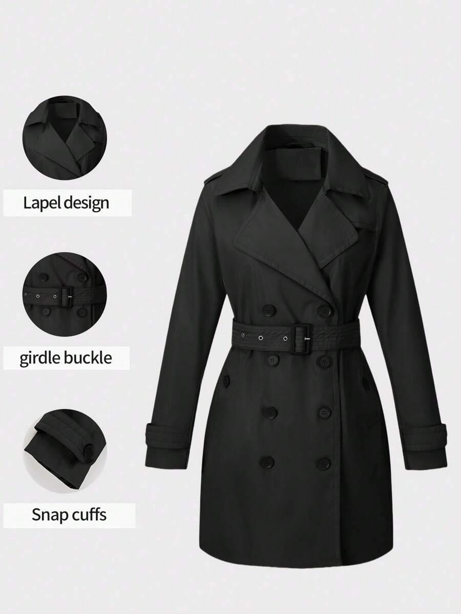 女士中长款口袋夹克，专为春秋季通勤而设计 - 黑色 - 查看 1