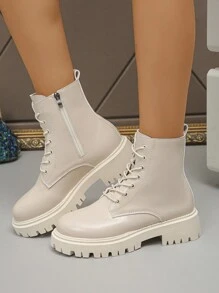 2025春秋新款女厚底靴白色侧拉链短靴圆头机车靴白色短靴 - 米色 - 查看 7