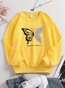 Fashionable Tween Girls Spring Casual Top, Loose Butterfly Print Sweatshirt, Comfortable Tween Girls Vacation Wear - 黃色 - 查看 1