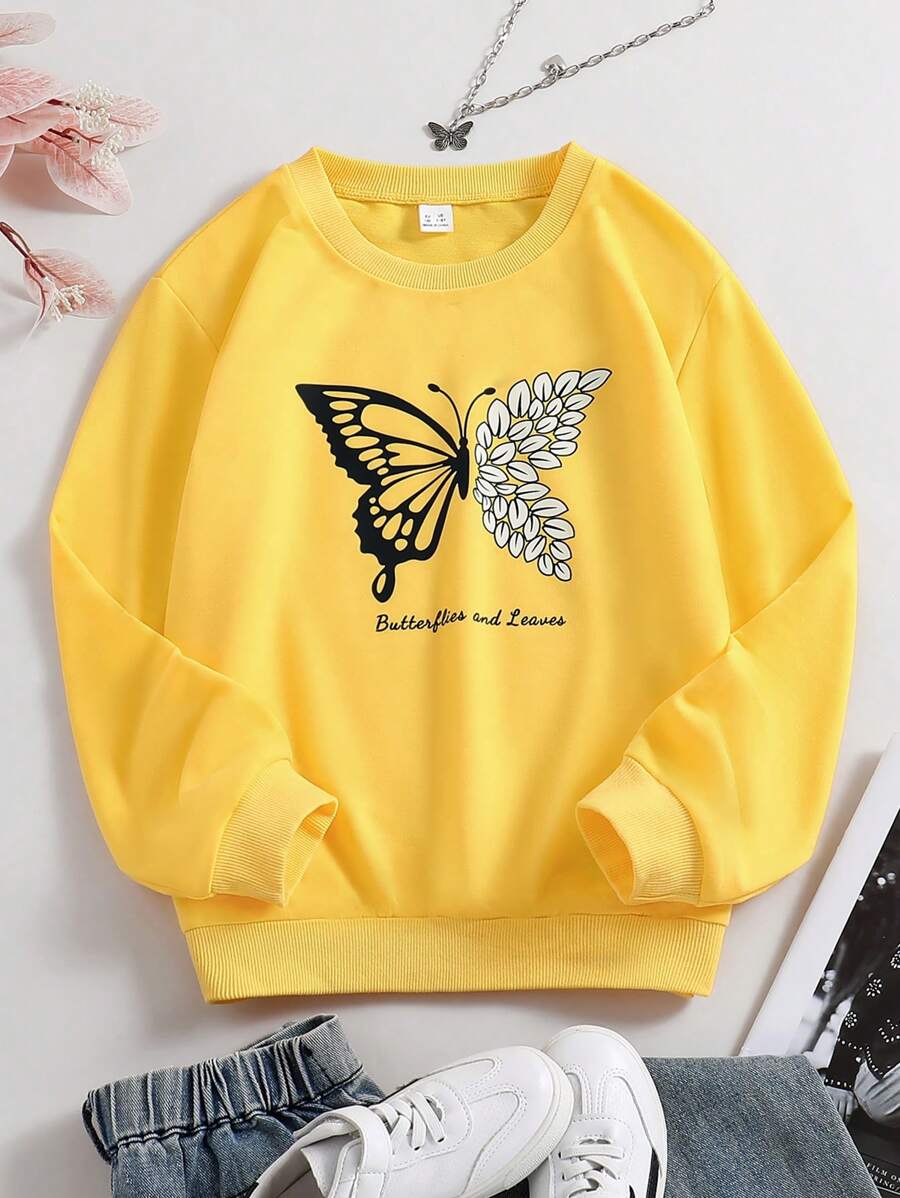 Fashionable Tween Girls Spring Casual Top, Loose Butterfly Print Sweatshirt, Comfortable Tween Girls Vacation Wear - 黃色 - 查看 1