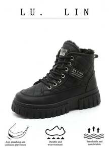 A Pair Of Leather Sneakers, Casual Lamb Wool Warm And Thick Velvet Fashionable Women's Snow Boots