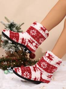 Giày bốt nữ đế bằng lông mềm mại, họa tiết hươu Giáng sinh, dép đi trong nhà chống trơn trượt, thích hợp cho mùa thu/đông và năm mới. - Màu Hồng Tươi - Xem 2