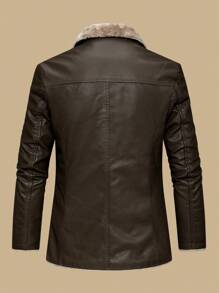 Men's Distressed Fleece Lining PU Leather Jacket, Multi-Pocket Street Style Retro Classic Windproof Bomber Jacket