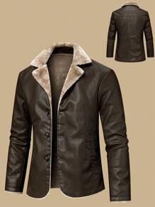 Men's Distressed Fleece Lining PU Leather Jacket, Multi-Pocket Street Style Retro Classic Windproof Bomber Jacket