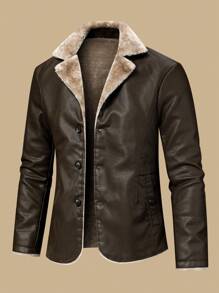 Men's Distressed Fleece Lining PU Leather Jacket, Multi-Pocket Street Style Retro Classic Windproof Bomber Jacket
