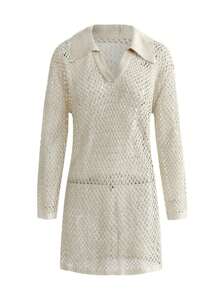 纯色针织沙滩裙 女士夏季性感镂空长袖泳衣罩衫 波西米亚风度假宽松沙滩装 - 卡其色 - 查看 4