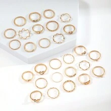 28 件/套 Y2K 风格锌合金女士戒指，几何线条、波浪、心形、水晶和人造珍珠组合叠戴戒指，私密珠宝礼品套装 - 金色 - 查看 5