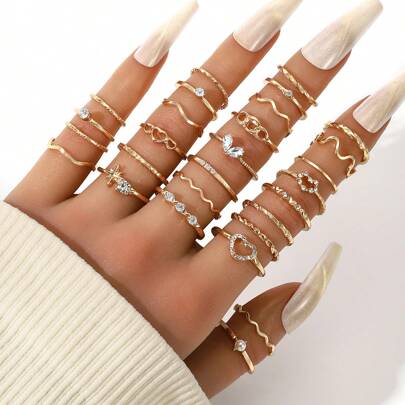 28pcs/Set Y2K Style Zinc Alloy Rings For Women, Geometric Lines, Waves, Hearts, Crystal And Faux Pearl Combo Stacking Rings, Intimate Jewelry Gift Set