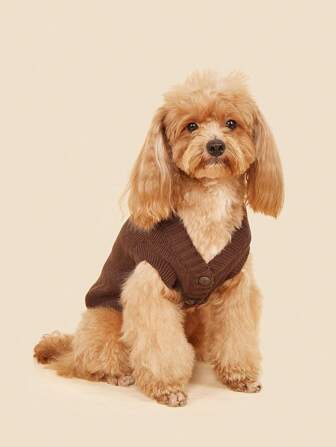 1pc Casual Solid Color Warm Cardigan With Button, Knitted Sweater For Teddy, Poodle, Cat