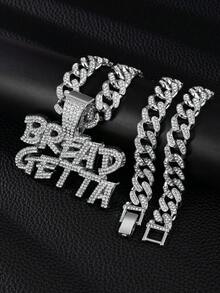 全新冰晶双排“BREAD GETTA”吊坠项链，不锈钢链，男女通用时尚派对珠宝配饰 - 多款 - 查看 8