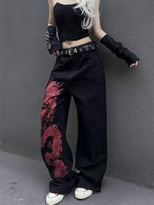 女式美式街头时尚深色风格图案印花直筒牛仔裤 - 黑色 - 查看 3