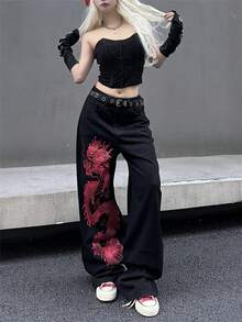 女式美式街头时尚深色风格图案印花直筒牛仔裤 - 黑色 - 查看 5