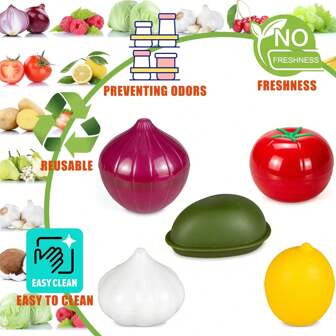 5 piezas de contenedores de almacenamiento con forma de frutas y verduras, como cebolla, limón, aguacate, ajo y tomate, para la nevera, recipientes de almacenamiento de alimentos reutilizables con tapas, que mantienen los alimentos frescos por talla grande tiempo, suministros de cocina