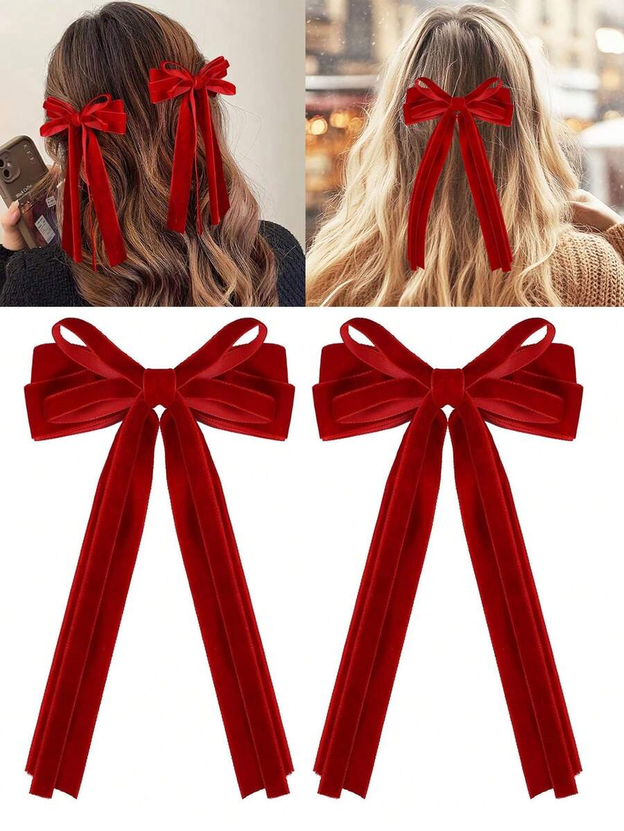 2 件红色天鹅绒发饰 可爱发夹 发夹 发带 发饰 女士日常佩戴 适合任何场合 圣诞派对 - 紅色 - 查看 1