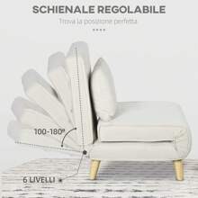 HOMCOM Divano Letto 2 Posti con Schienale Regolabile in 5 Livelli, Divano Letto Matrimoniale Pieghevole con 2 Cuscini per Soggiorno, in Tessuto Imbottito, Acciaio e Legno, 102x73x81 cm, Bianco Crema