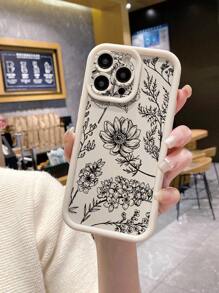 1pc Black Line Flower Pattern Fingerprint-Proof Gold Sand Phone Case Compatible With Apple//Redmi/Infinix/Vivo - Beige - View 5