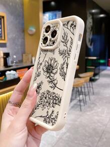 1pc Black Line Flower Pattern Fingerprint-Proof Gold Sand Phone Case Compatible With Apple//Redmi/Infinix/Vivo - Beige - View 2