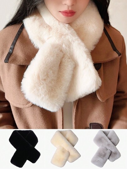 1PC Women's Fashion Soft Fluffy Cross Scarf Wrap Collar Knitted Thickened Scarf Bandana Girl Versatile Casual Autumn And Winter Warm Neck Scarf Suitable For Daily Matching