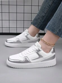 男士轻便运动鞋舒适低帮休闲鞋系带鞋休闲运动鞋小厚底增高鞋百搭明星鞋 - 銀色 - 查看 3