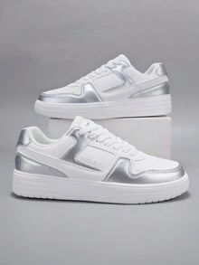 男士轻便运动鞋舒适低帮休闲鞋系带鞋休闲运动鞋小厚底增高鞋百搭明星鞋 - 銀色 - 查看 8