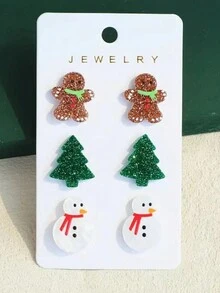 3 对圣诞耳钉格子豹纹圣诞树印花耳环亚克力耳环秋冬新款适合节日佩戴，也是最佳礼物 - 彩色 - 查看 6