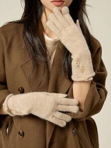 1 双新款复古纽扣点缀针织保暖手套，羊毛混纺触摸屏，适合女性，秋冬季 - 彩色 - 查看 7