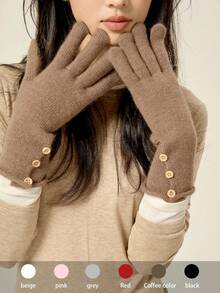 1 双新款复古纽扣点缀针织保暖手套，羊毛混纺触摸屏，适合女性，秋冬季 - 彩色 - 查看 4