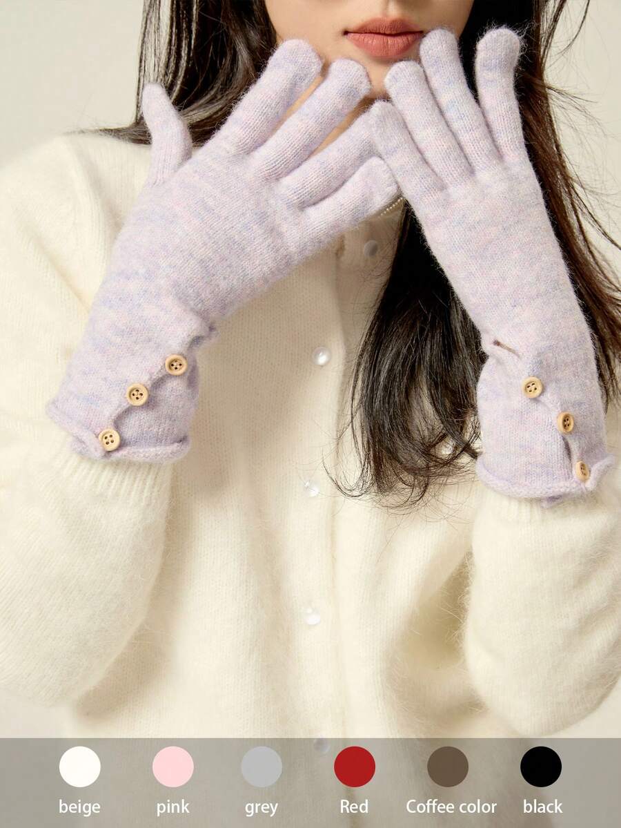 1 双新款复古纽扣点缀针织保暖手套，羊毛混纺触摸屏，适合女性，秋冬季 - 彩色 - 查看 1