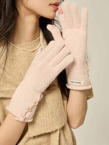 1 双新款复古纽扣点缀针织保暖手套，羊毛混纺触摸屏，适合女性，秋冬季 - 彩色 - 查看 8