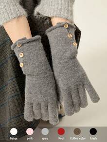 1 双新款复古纽扣点缀针织保暖手套，羊毛混纺触摸屏，适合女性，秋冬季 - 彩色 - 查看 11