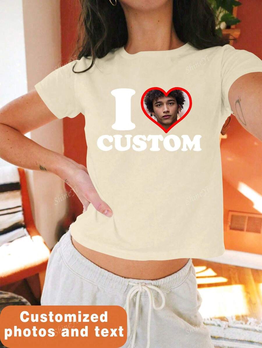 Customized Clothing Shirt, Gift For Girlfriend/Wife, Valentine's Day Gift, Face Customized, Customized Printing, Customized Name, Customized Women's T-Shirt - Add Your Own Text And Images (Family Photos/Selfies/Pet Photos/Friend Photos) To Design Your Personalized Graphic T-Shirts, I Love Customized Unisex T-Shirts, Customized 90s Photo T-Shirts, Women's T-Shirts, Customized I Love T-Shirts, Customized I Love Photo Shirts, Y2K Aesthetic T-Shirts