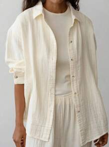 女式大码休闲纯色纹理衬衫，秋季 - 杏色 - 查看 1