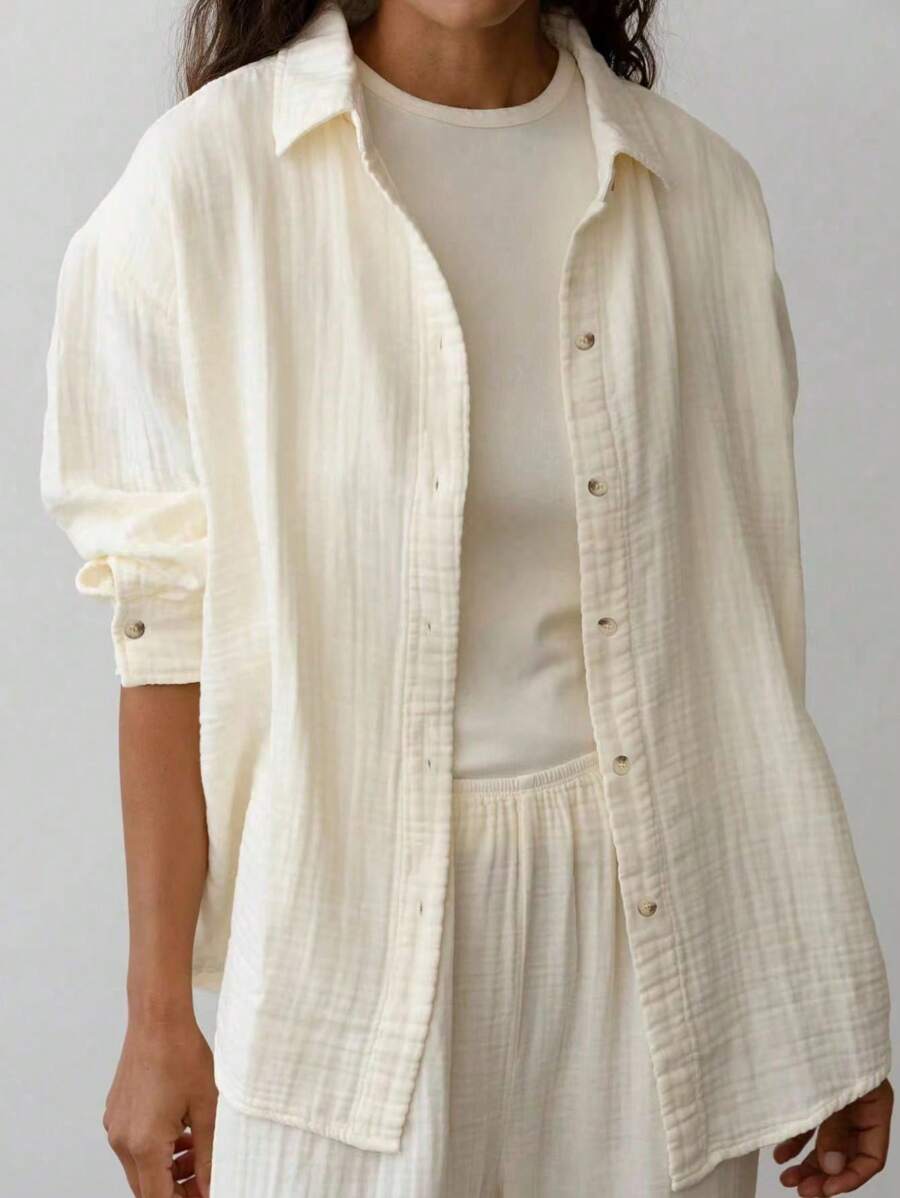 女式大码休闲纯色纹理衬衫，秋季 - 杏色 - 查看 1