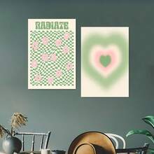 2 件绿色和粉色抽象花卉心形帆布海报，现代抽象墙壁艺术，客厅卧室家居装饰，波西米亚风格墙壁装饰，无框架 - 彩色 - 查看 12