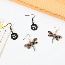 1 对时尚创意个性化精致纽扣、蜻蜓吊坠耳环，适合日常佩戴 - 時尚個性耳飾 - 查看 2