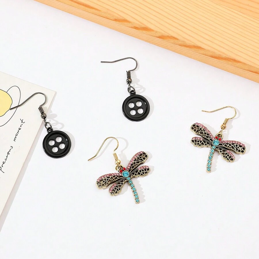 1 对时尚创意个性化精致纽扣、蜻蜓吊坠耳环，适合日常佩戴