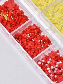 1 盒 6 个隔层，内含各种彩色微型花朵美甲装饰，包括树脂 5 瓣花朵、珠子和珍珠，可制作 DIY 美甲配件 - 彩色 - 查看 6
