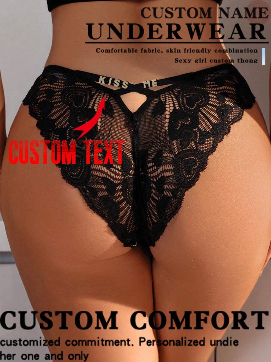 1 件套定制水晶字母女士蕾丝内裤性感内裤透气、定制文字、定制名称 - 黑色 - 查看 1