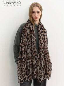 1pc Women's Leopard Print Polyester Large Scarf, Suitable For Daily Use - Khaki - View 2