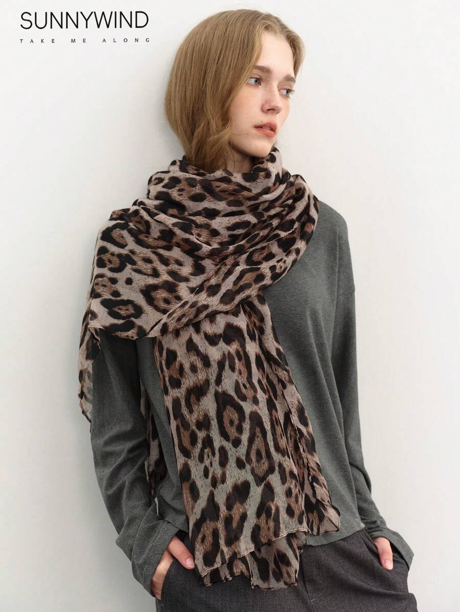 1pc Women's Leopard Print Polyester Large Scarf, Suitable For Daily Use - Khaki - View 1