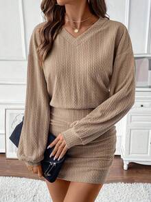 New V-Neck Textured Fabric Long Sleeve Bodycon Dress For Women - Camel - View 4