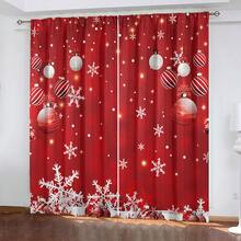 2 件套，数码印花圣诞球和雪花风景窗帘，由涤纶制成，适用于客厅、厨房、卧室、书房、浴室、酒店、餐厅、家居装饰 - 紅色 - 查看 3
