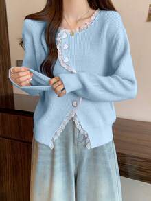 JIANHU Round Neck Lace Edge Sweet Heart Button Short Cardigan - Blue - View 4