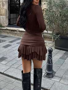 Women's Solid Color Ruffle Hem Fitted Knit Dress - Brown - View 2