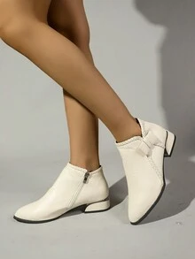 女士时尚尖头踝靴2024秋冬新款粗跟厚底侧拉链蕾丝花纹保暖厚底冬靴 - 白色 - 查看 6