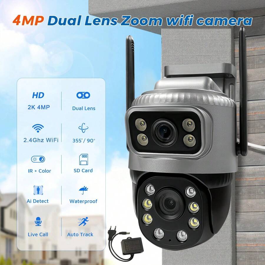 SWVW Camera an ninh PTZ WiFi có dây 2K 4MP ống kính kép (2x2MP) ngoài trời với góc siêu rộng, Camera 360 độ cắm điện 2,4 GHz, Phát hiện người/xe, Còi báo động, Tầm nhìn ban đêm màu, 2,4GWIFI Camera an ninh gia đình trong nhà và ngoài trời, Camera WIFI không dây, Camera IP, Camera PTZ, Camera vòng, Không có Camera giám sát, Camera CCTV, Camera thú cưng, Camera giám sát IP PTZ ngoài trời trong nhà thông minh - Phích cắm loại C của EU (220-240V) - Xem 1