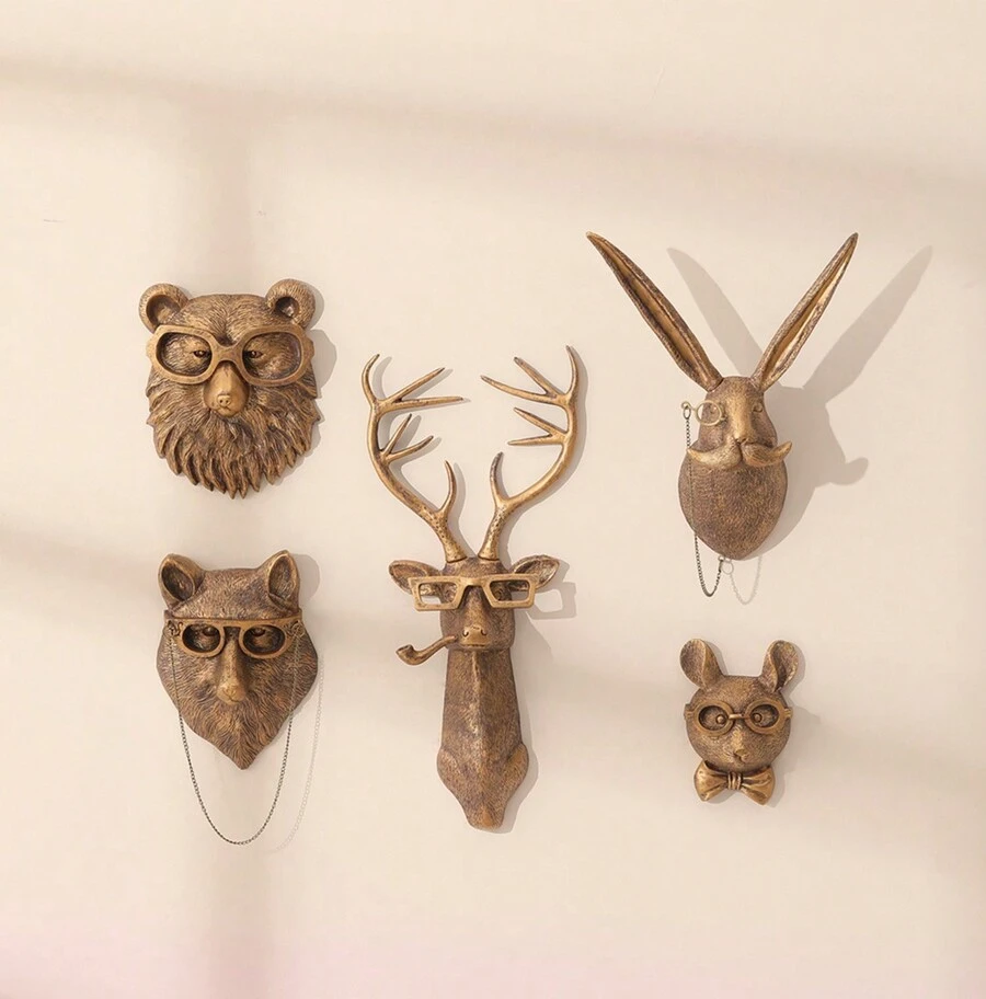 5pcs, Animal Heads Wall Decor, Faux Deer Head Mount, Animal Sculptures Wall Decor, Resin Animal Head Wall Hanging Decoration For Living Room Bedroom Kitchen Gift