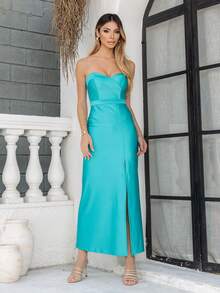 Long Strapless Dress With Slit Mesh Prd - Baby Blue - View 6