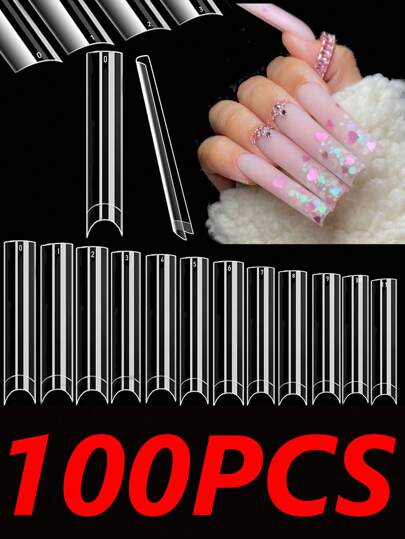 No C Curve Straight Square Nail Tips -100 Pcs Flattened XXL Extra Long None C Curve Fake Nail Tips Half Cover Flat Square Nails Tips Clear Acrylic Non C Curve False Nails For Women Nail Supplies