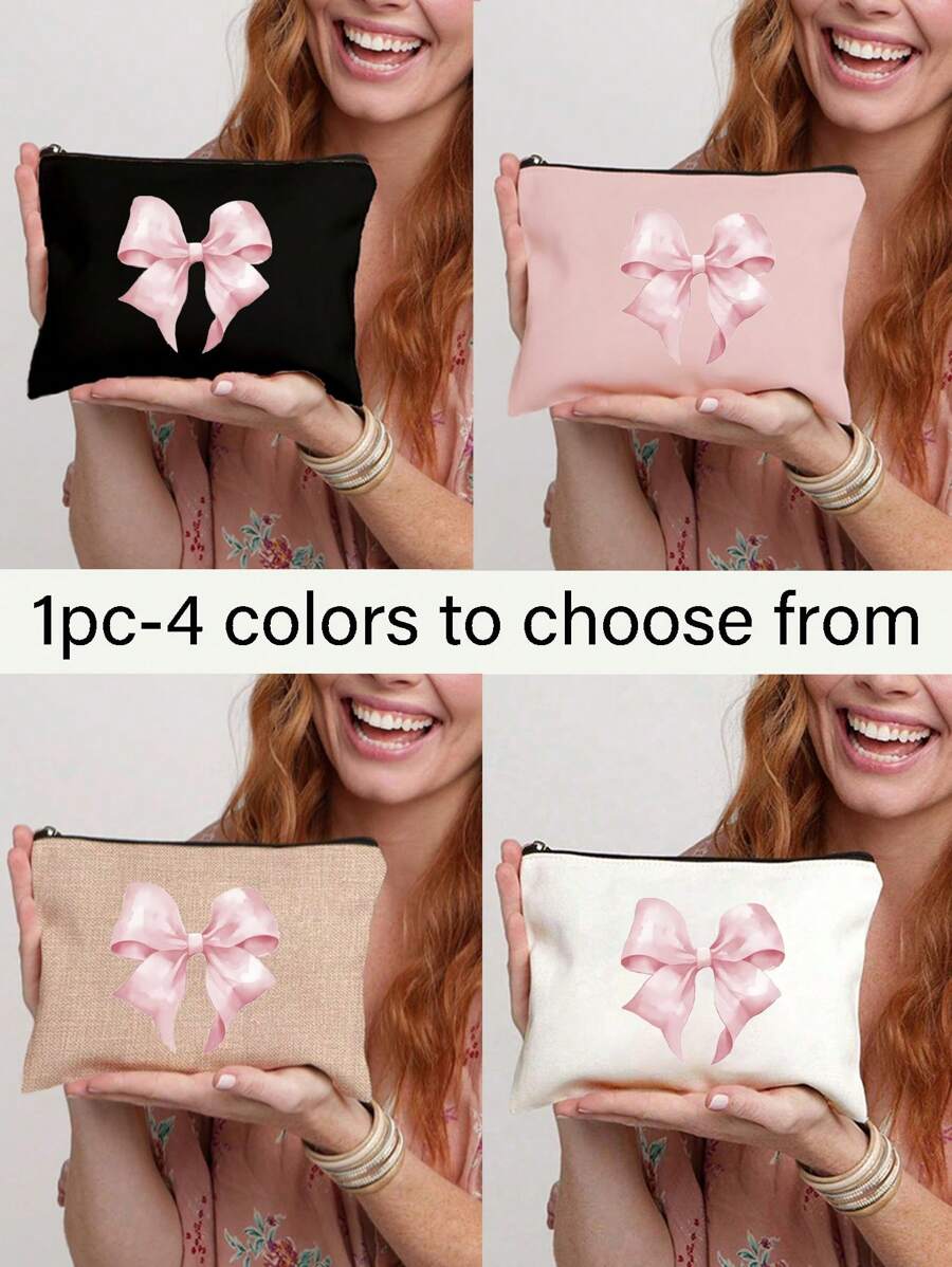 蝴蝶结印花化妆包，零钱包，可爱复古简约时尚蝴蝶结图案印花收纳袋，母亲节礼物，妈妈礼物，小物件收纳化妆包，盥洗包，手提包，轻便可折叠收纳袋，护士、医生、老师收纳袋，适合海滩便携式拉链旅行配件，适合个人旅行化妆品收纳化妆包便携式拉链旅行学校假期必备品（随机拉链） - 彩色 - 查看 1